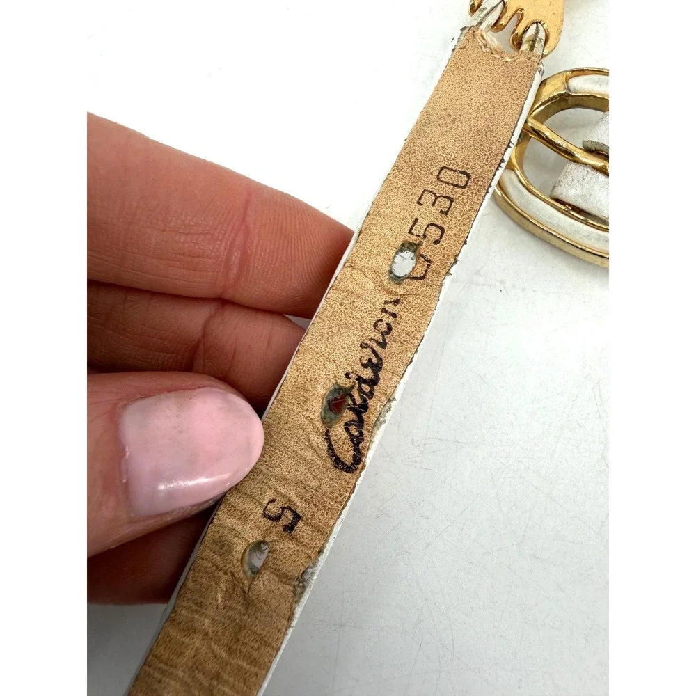 Calderon Leather Belt Womens S White‎ Gold Hardware Vintage Skinny Chic Luxury